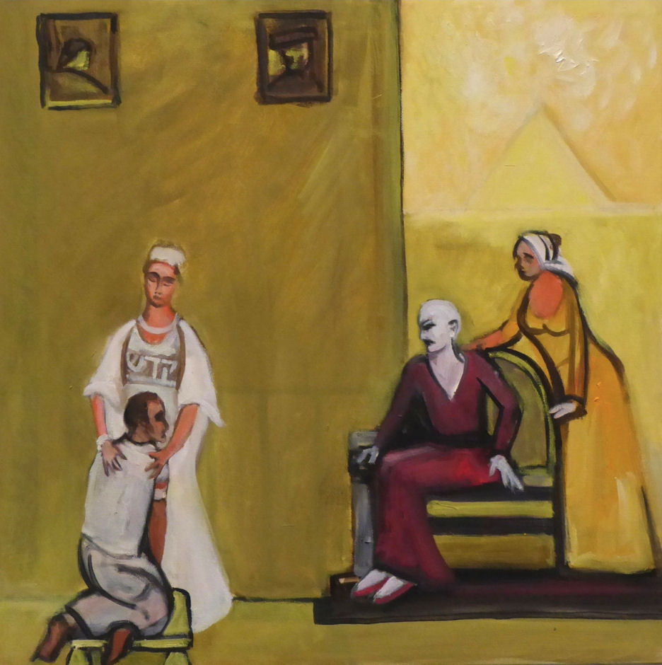 Richard McBee, Asenath Brings Joseph Home to Mr. and Mrs. Potiphar, from The Story of Asenath, 2014, oil on canvas, 24 x 24 in. Courtesy of the artist