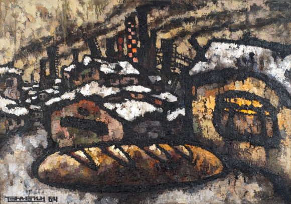 Oscar Rabin (Russian, b. 1928), Bread and Factory, 1964, oil on canvas, 28 x 39 inches, The Art Collection of The Hebrew Home at Riverdale