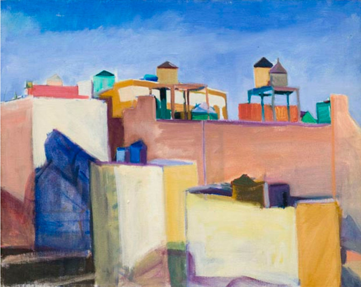 Lynda Caspe, Cubes and Water Towers, 2009, oil on linen, 24 x 30 in.