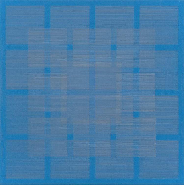 Susan Schwalb, Polyphony VI, 2013, silverpoint, goldpoint, copperpoint, blue gesso on paper on wood panel, 16 x 16 x 1 ¾ inches. Courtesy Garvey|Simon, New York. 