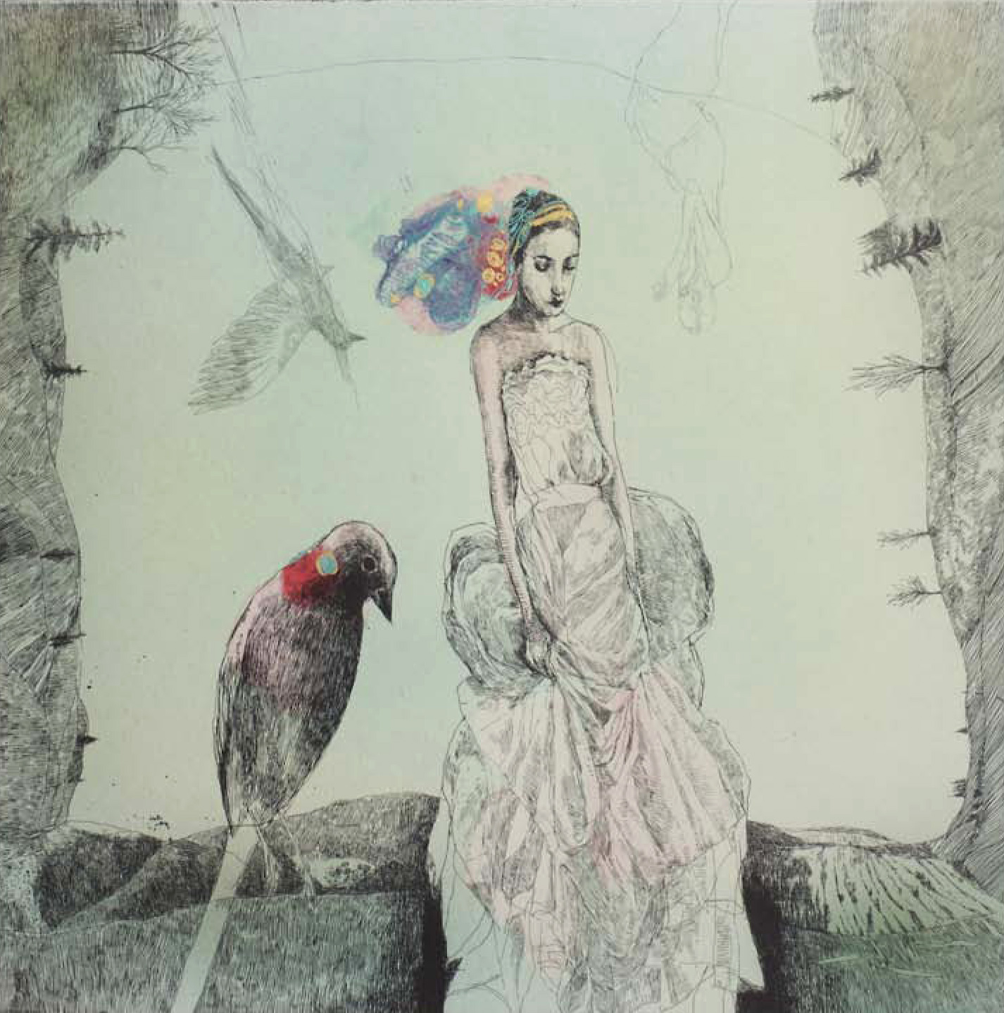 Katarína Vavrová, Untitled (Smutenka II), 2014, hand-colored etching, 17 ¾ x 19 ¼ inches. Courtesy of KADS New York and the artist.