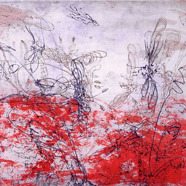 Nancy Lasar, Against Cardinal Rouge, 2007, aquatint, spit bite and soft ground, 22 x 58 in.
