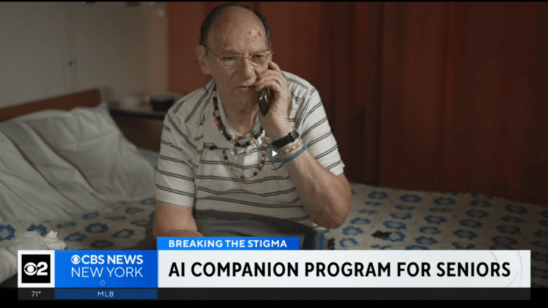 Elderly person on bed talks on phone. News headline reads: AI Companion Program for Seniors.
