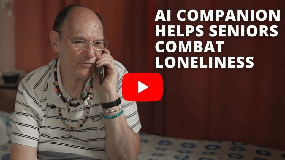 An older man wearing glasses talks on the phone while sitting on a bed; text reads AI companion helps seniors combat loneliness and stay connected.