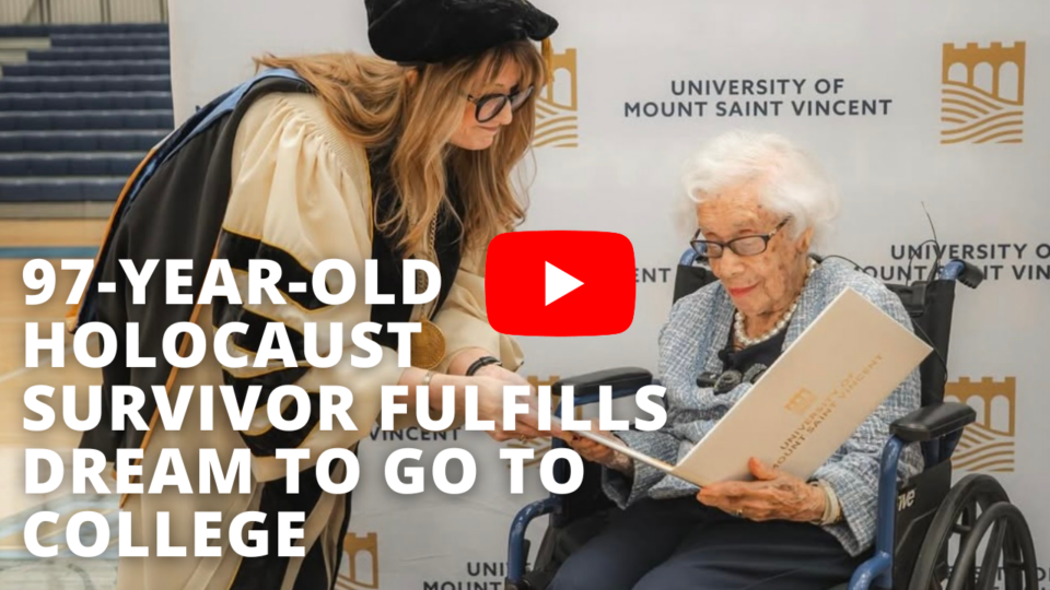 A woman in a wheelchair receives a certificate from a college staff member; a university logo and banner are in the background. Text reads, 97-year-old Holocaust survivor fulfills dream to go to college.