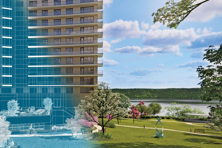 Building fades from digital blueprint to real at River’s Edge, near park, trees, and river.
