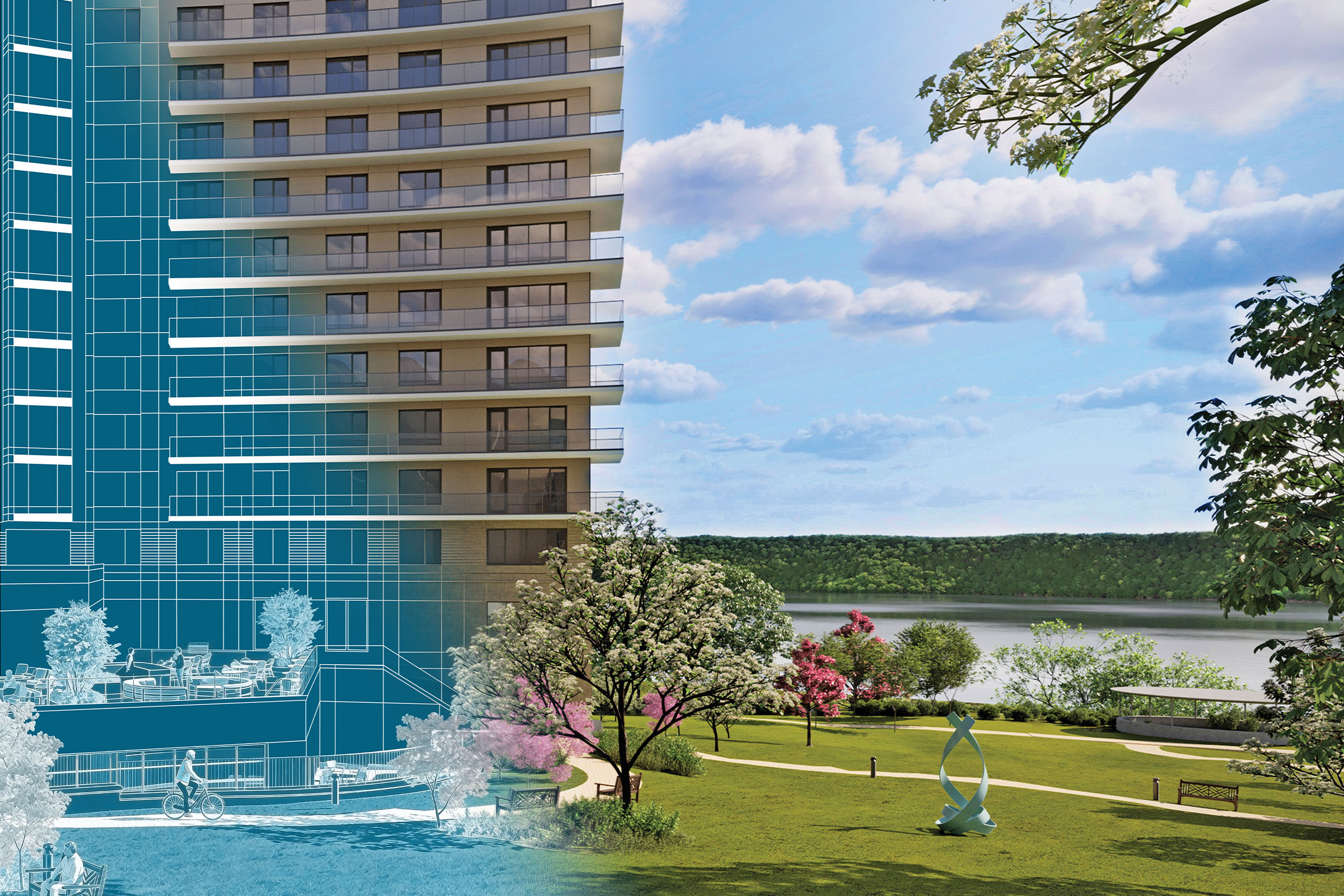 Building fades from digital blueprint to real at River’s Edge, near park, trees, and river.