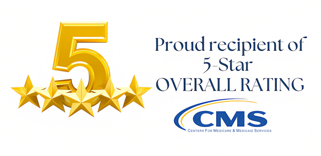 Large gold number 5 with five stars above, text reads 5-Star OVERALL RATING CMS.