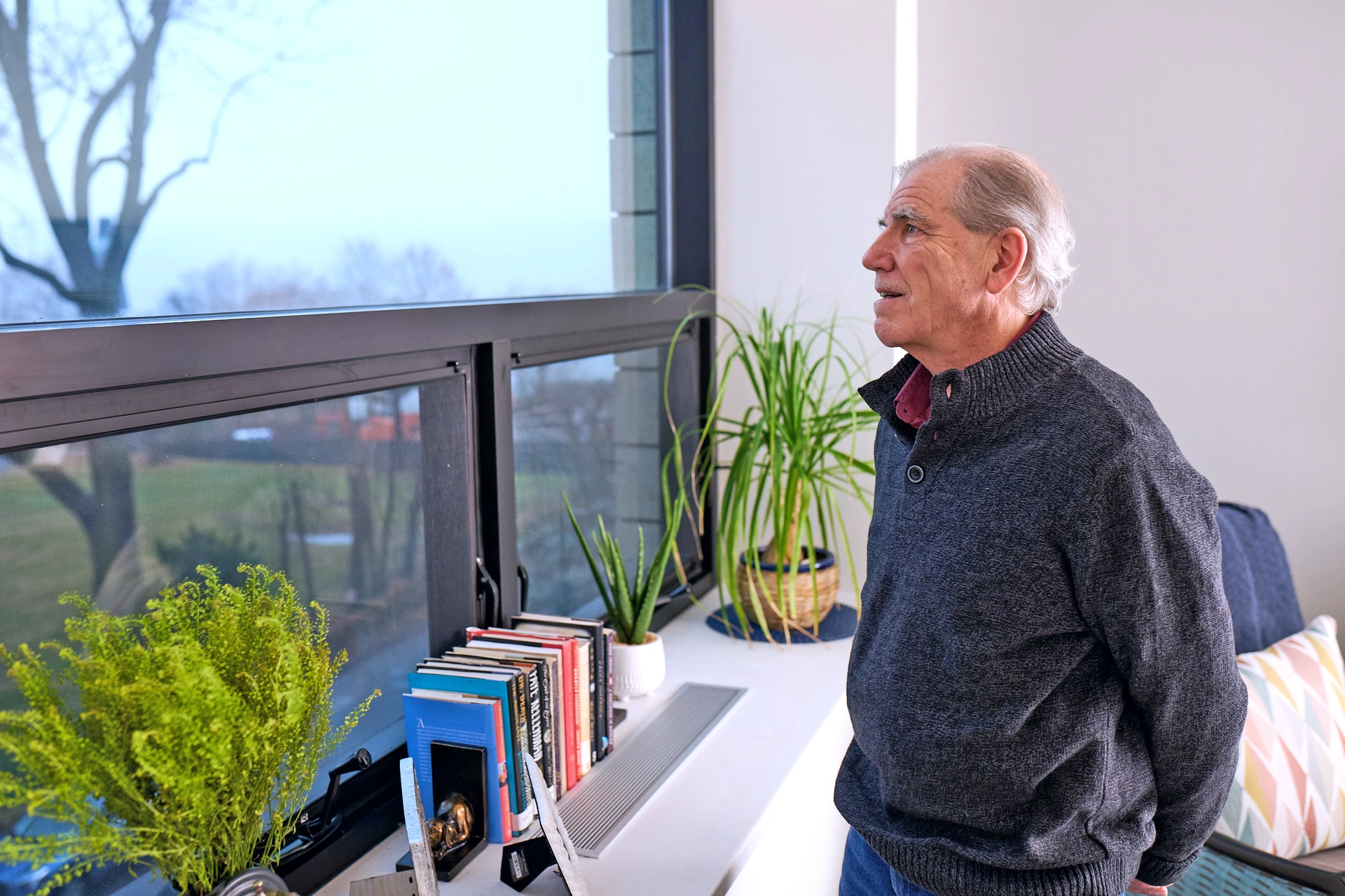 Older man in gray sweater gazes out window at night, surrounded by books and houseplants.